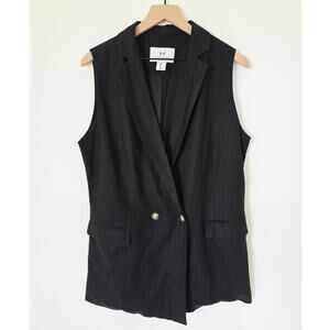 Halston Black Sleeveless Long Blazer Vest Linen Blend Size L